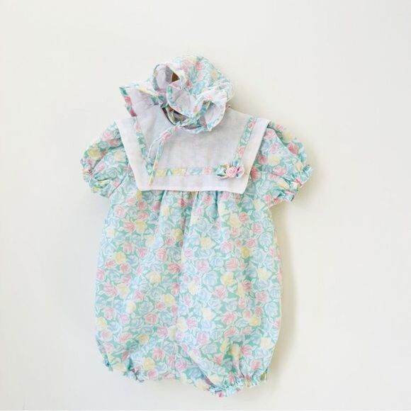Vintage Bubble Romper matching bonnet hat ruffles Floral pink green 3 months - Picture 1 of 15